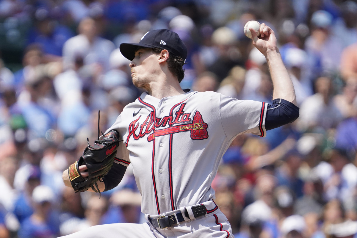 Aug 4, 2023; Chicago, Illinois, USA; Atlanta Braves starting pitcher Max Fried (54) throws the ball against the Chicago Cubs during the first inning at Wrigley Field.